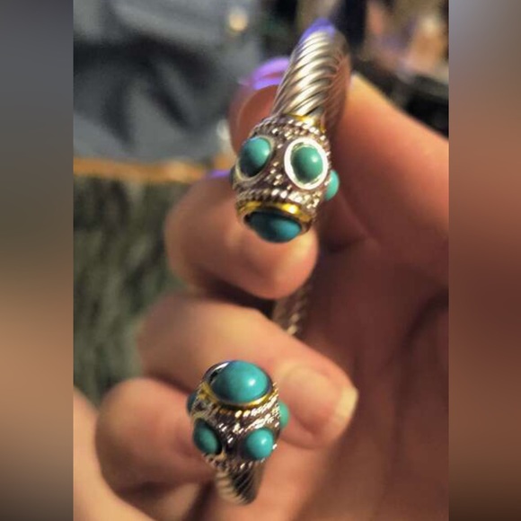 Designer Inspired Turquoise Stone Beads Tips Silver Cable Cuff Twist Bracelet - Picture 9 of 11